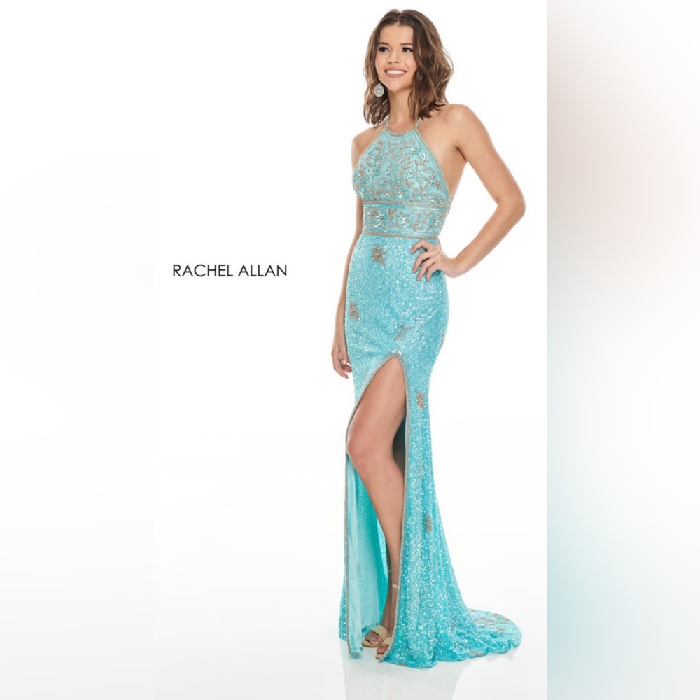 NWT Rachel Allan 7138  Sz 4 - Turquoise Sequin Gown Halter w/ Criss Cross Back